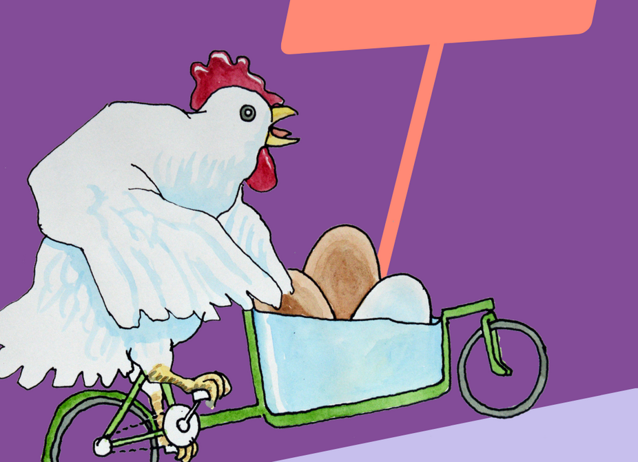 Kidical Mass Schöneberg 17.05.2025, Sharepic von Changing Cities e.V. Sharepic zur Kidical Mass Schöneberg am 17.05.2025 von Changing Cities, mit einem Huhn, das auf einem Lastenrad Eier transportiert