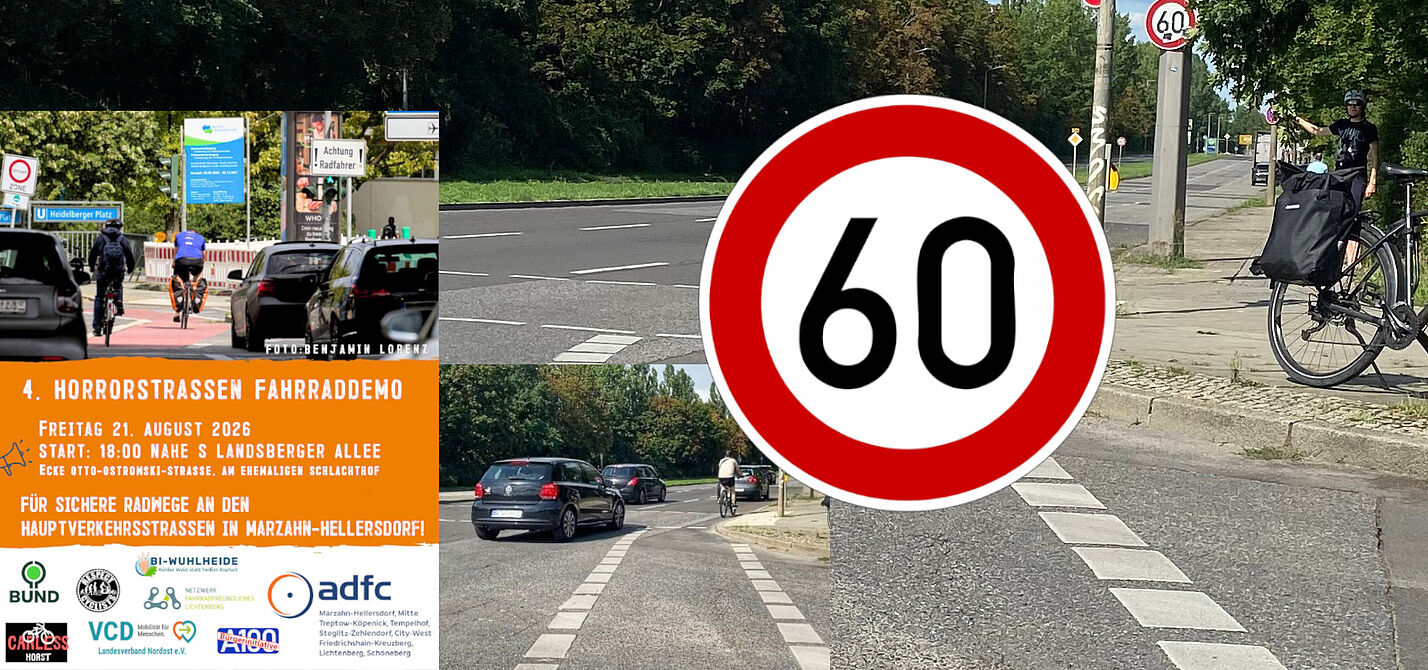  An der Märkischen Allee Ecke Franz-Stenzer-Straße befindet sich eine Gefahrenstelle, auf die das Bild aufmerksam macht. Der Radverkehr wird auf eine dreispurige Kfz-Fahrbahn geleitet und es gilt Tempo 60.