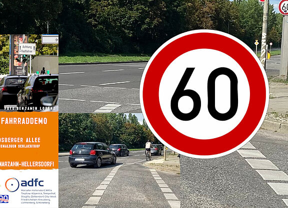  An der Märkischen Allee Ecke Franz-Stenzer-Straße befindet sich eine Gefahrenstelle, auf die das Bild aufmerksam macht. Der Radverkehr wird auf eine dreispurige Kfz-Fahrbahn geleitet und es gilt Tempo 60.