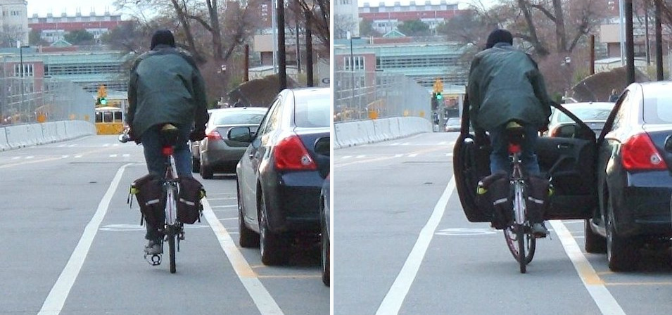 Zwei Bilder nebeneinander: Im linken Bild sieht man von hinten eine Person auf einem schmalen Radfahrstreifen zwischen Fahrbahn und parkendem Auto fahren. Aufe dme linken Bild ist in gleicher Position die Fahrertür des Autos geöffnet und der Radfahrer fährt frontal mit kurzem Abstand auf die geöffnete Tür zu. 
