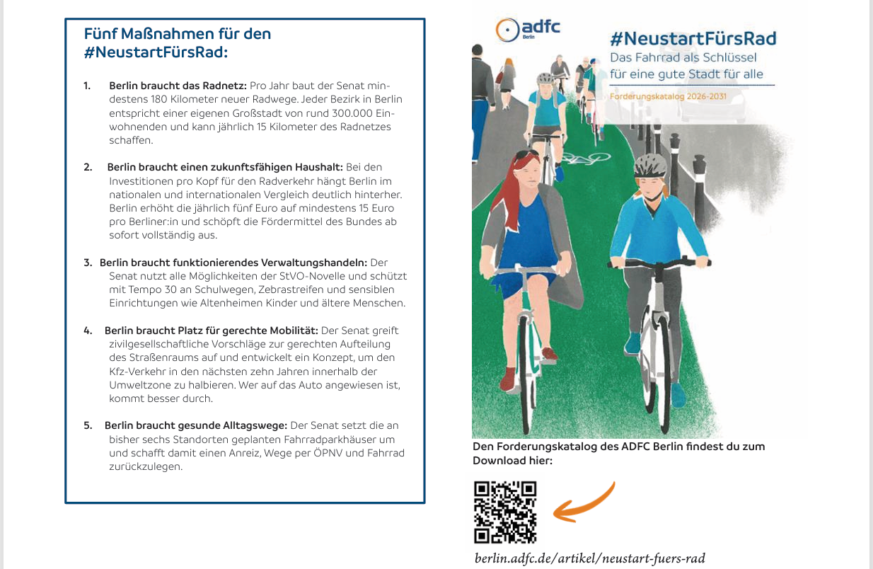 Infobox: Die fünf Kernforderungen aus dem Forderungskatalog #NeustartFürsRad: 1. Berlin braucht das Radnetz // 2. Berlin braucht einen zukunftsfähigen Haushalt // 3. Berlin braucht funktionierendes Verwaltungshandeln // 4. Berlin braucht Platz für gerechte Mobilität // 5. Berlin braucht gesunde Alltagswege