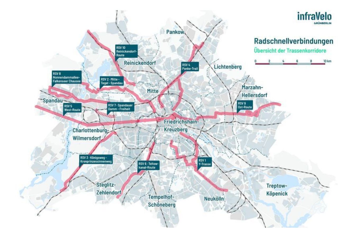 Routenverlauf der geplanten Raschnellwege laut infraVelo. Routenverlauf der geplanten Raschnellwege laut infraVelo.