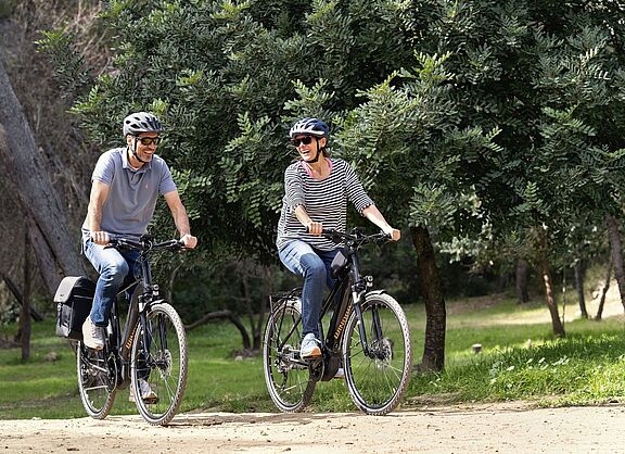 Eine Frau und ein Mann fahren auf Elektrofahrrädern durch den Wald. 