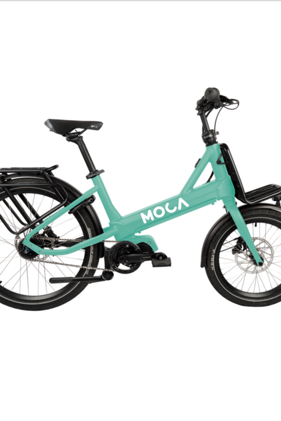 Moca Ein mintgrünes kompaktes Lastenrad von Moca.